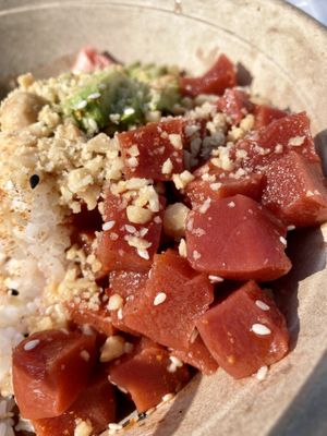 Close-up of the Current Foods Tuna Poke bowl (yes, it’s vegan!) at The Watering Hole in Murphys