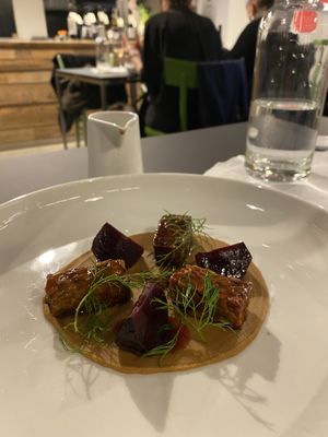 Second course from the vegetarian menu: tempeh and beetroot  at Mutty in Castiglione Delle Stiviere