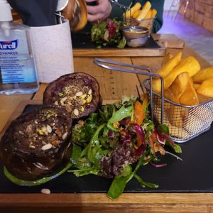 Aubergines steals with chips at Bacaro in Weymouth