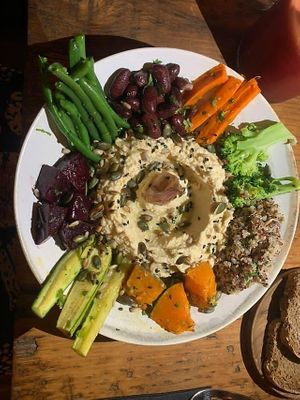 Hummus Buddha Bowl has egg, but if asked can be made vegan and comws with dark bread on the side at Mandala Society in Marrakech