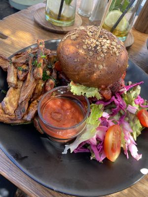 Burger and fries were good  at Mandala Society in Marrakech