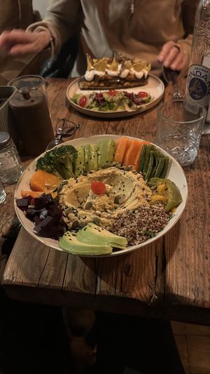 Aubergine mosaic and Buddha bowl  at Mandala Society in Marrakech