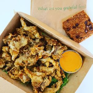 Fried Mushrooms with Spicy Cashew Cheese at cafegSC in Santa Cruz