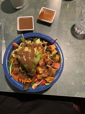 Large mixed salad with tempeh added. Delicious !  at cafegSC in Santa Cruz