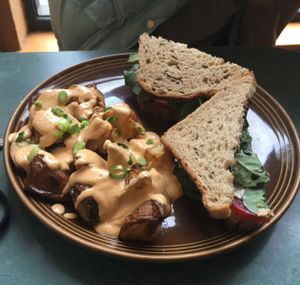 caprese sandwich with side of roasted potatoes covered in chipotle cheese sauce  at cafegSC in Santa Cruz