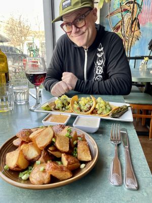jackfruit pineapple taco special, potato bites with chipotle and cheesy dipping sauces   at cafegSC in Santa Cruz
