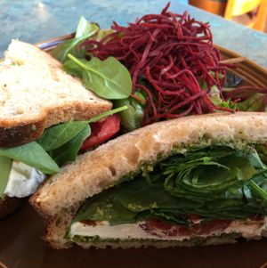 caprese sandwich w beet salad  at cafegSC in Santa Cruz