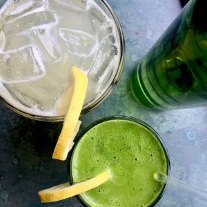 wheatgrass and ginger cocktail and lemonade  at cafegSC in Santa Cruz