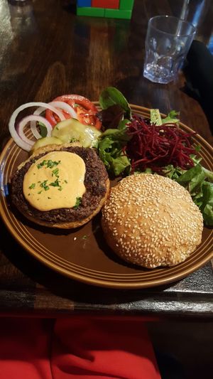 the bean burger with spicy cashew Chipotle cheese at cafegSC in Santa Cruz