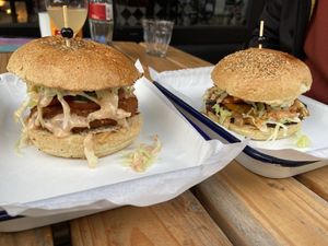 Ole on the left (like a basic chicken burger) and Hølger on the right (nice smokey beef-like burger) at Björn's Burgers in Amsterdam