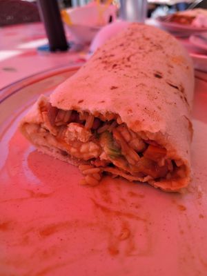 Veggie bean and rice burrito no cheese with tofu and avocado at The New Baking Company in Santa Fe