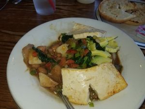 Vegan Bowl/ pinto beans, potatoes, avocado, spinach,tofu. Yum! at The New Baking Company in Santa Fe
