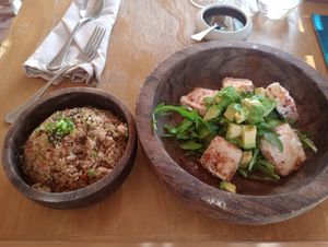 Fried rice dish, fried tofu over arugula and avocado at Funky Geisha in Cancun