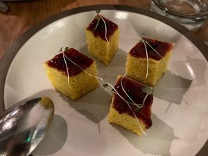 Dhokla from tasting menu at Besharam in San Francisco