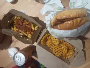 Waffle fries, loaded fries, house burger at A Burgers in Brussels