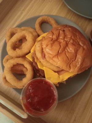 Texas burger, onions rings, ketchup at A Burgers in Brussels