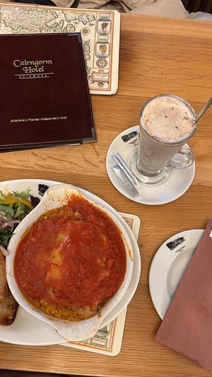 lasagna and chai latte  at Cairngorm Hotel in Aviemore