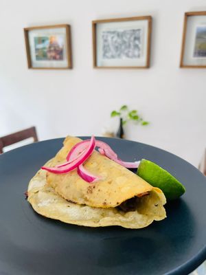 Taco de no carnitas ( setas rosas)  at Hipatia Café in Guadalajara