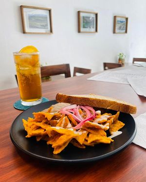 Chilaquiles de cacahuate con crema de soya y cold brew Tonic con naranja  at Hipatia Café in Guadalajara