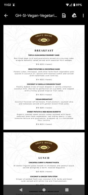 Vegan/vegetarian menu as of March 2022 at Grove House in Belmopan