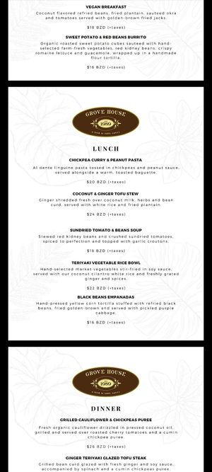 Vegan/vegetarian menu as of March 2022 at Grove House in Belmopan