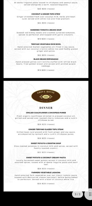 Vegan/vegetarian menu as of March 2022 at Grove House in Belmopan