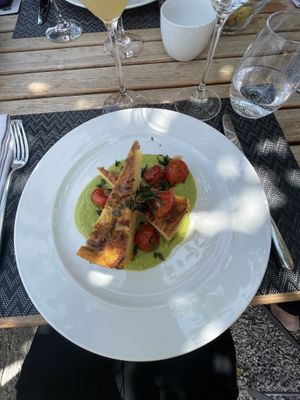 Cecina con pomodorini e purea di broccoli  at Bigatt in Paradiso