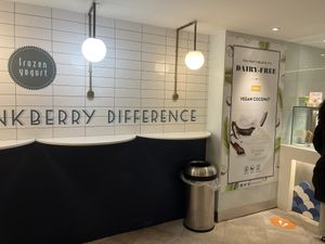 interior and vegan flavor poster  at Pinkberry in North London