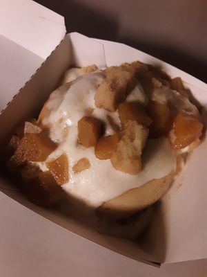 Peach Cobbler Roll - cake batter frosting topped w/ brown sugar peaches & homemade shortbread at Cinnaholic in Des Moines