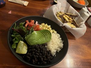 Bean/rice salad and fries (separate fryer)  at Sunshine Cafe in Ollantaytambo