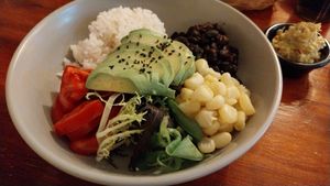 Burrito bowl (veganised) at Sunshine Cafe in Ollantaytambo
