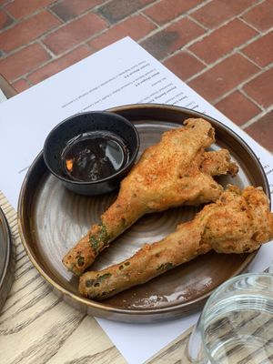 Tempura courgette flowers, togarashi & lemon ponzu  at Roundhill Restaurant in Brighton