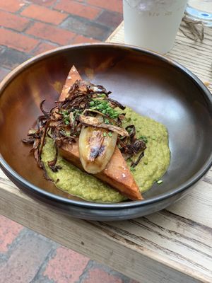Potato terrine, green mole, shallot  at Roundhill Restaurant in Brighton