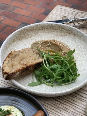 Babaganoush, sourdough, rocket  at Roundhill Restaurant in Brighton