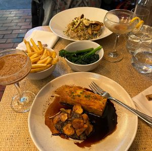 Mushroom pappardelle and potato terrine  at Roundhill Restaurant in Brighton