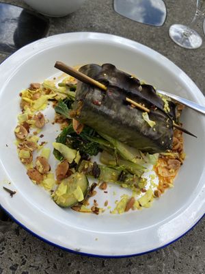 Curried Tofu wrapped in banana leaf  at Dubsy's in Berriedale