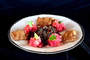 Seared Vegan Tuna Served on a Bed of Beetroot Molecular Jam, accompanied with Soy Molecular Marshmallow and Mashed potato and carrot. at Praana Pousada e Restaurante in Nisia Floresta