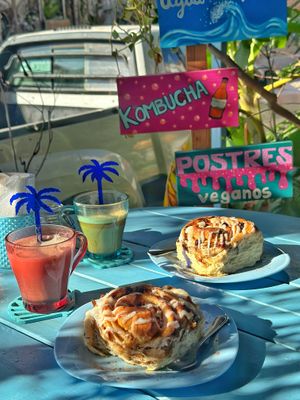 Cinnamon roll w pineapple + coconut, Berry cinnamon roll, pumpkin spice latte, charcoal activated cacao drink with CBD   at Azul in Puerto Vallarta