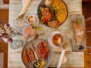 Chickpea omelette, pancakes, and croissant at Easy Peasy in Berlin