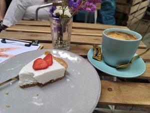 Order this Best ever vegan NYC cheesecake! And best coffee in Berlin. at Easy Peasy in Berlin