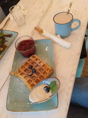 pumpkin waffle with warm cherry sauce at Easy Peasy in Berlin