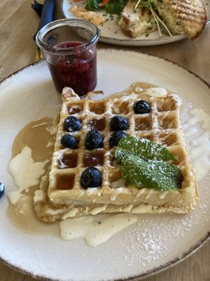 Waffle with hot cherry topping   at Easy Peasy in Berlin