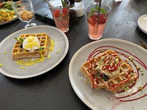 Lemon waffle (left) and pistachio waffle (right) with strawberry lemonades.  at Easy Peasy in Berlin