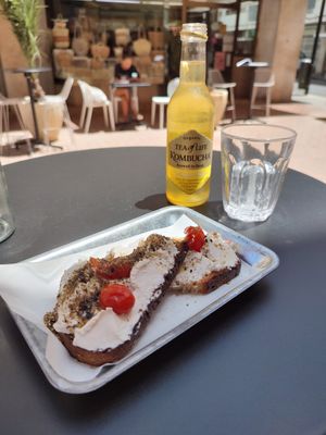 Vegan Ricotta and Cherry Tomatoes Toast + Lemon and Mint Kombucha  🍋 at Pantastic in Ibiza
