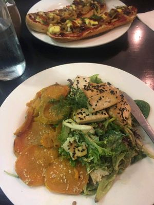 vegan salad and vegan pizza! delicious!  at Mandala & Co in Mermaid Beach