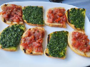 Bruschetta with spinach and tomatoes at Fish and Grill Dunava in Vidin