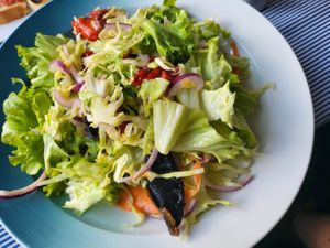 Gardener's salad with baked peppers and pan fried mushrooms at Fish and Grill Dunava in Vidin