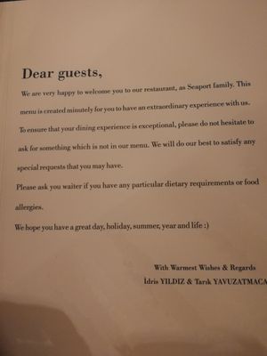 Happy to help with dietary requirements! at Seaport Restaurant in Kalkan