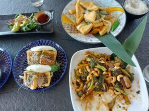 Crystal vegetable dumplings, homestyle tofu, crispy tofu bao buns, wok charred cashew broccoli. at Rise 88 Asian Fusion Food in Ulverstone