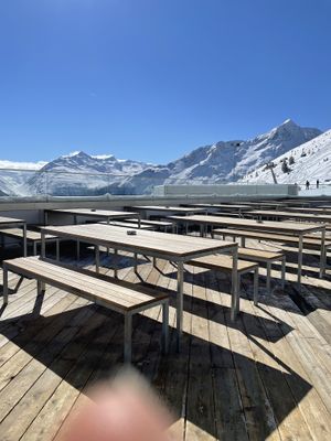 Great outdoor terrace overlooking the mountains   at Falcon Marktrestaurant in Soelden